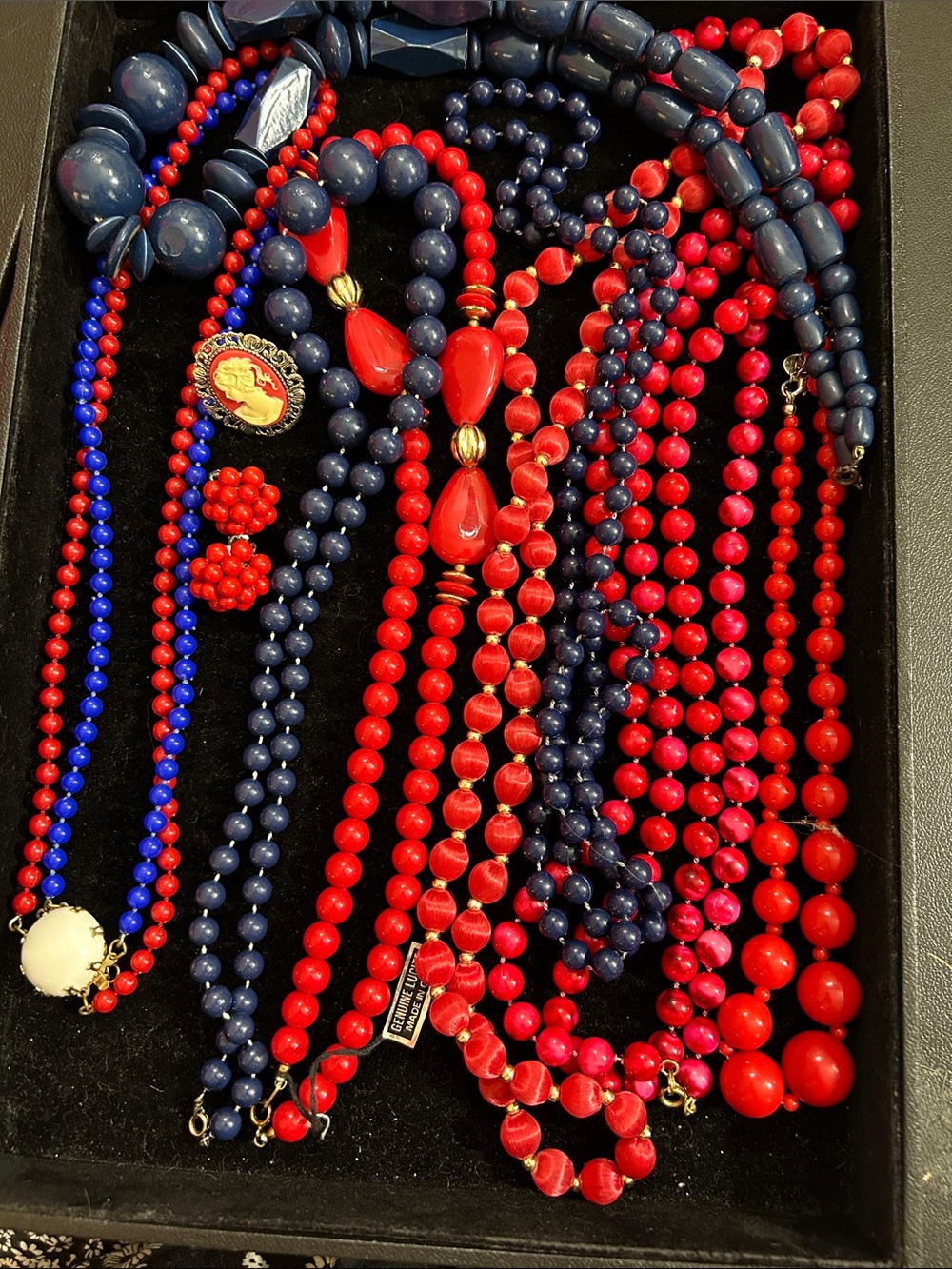 Red & Navy Beaded Statement Necklace Set - Women Jewelry